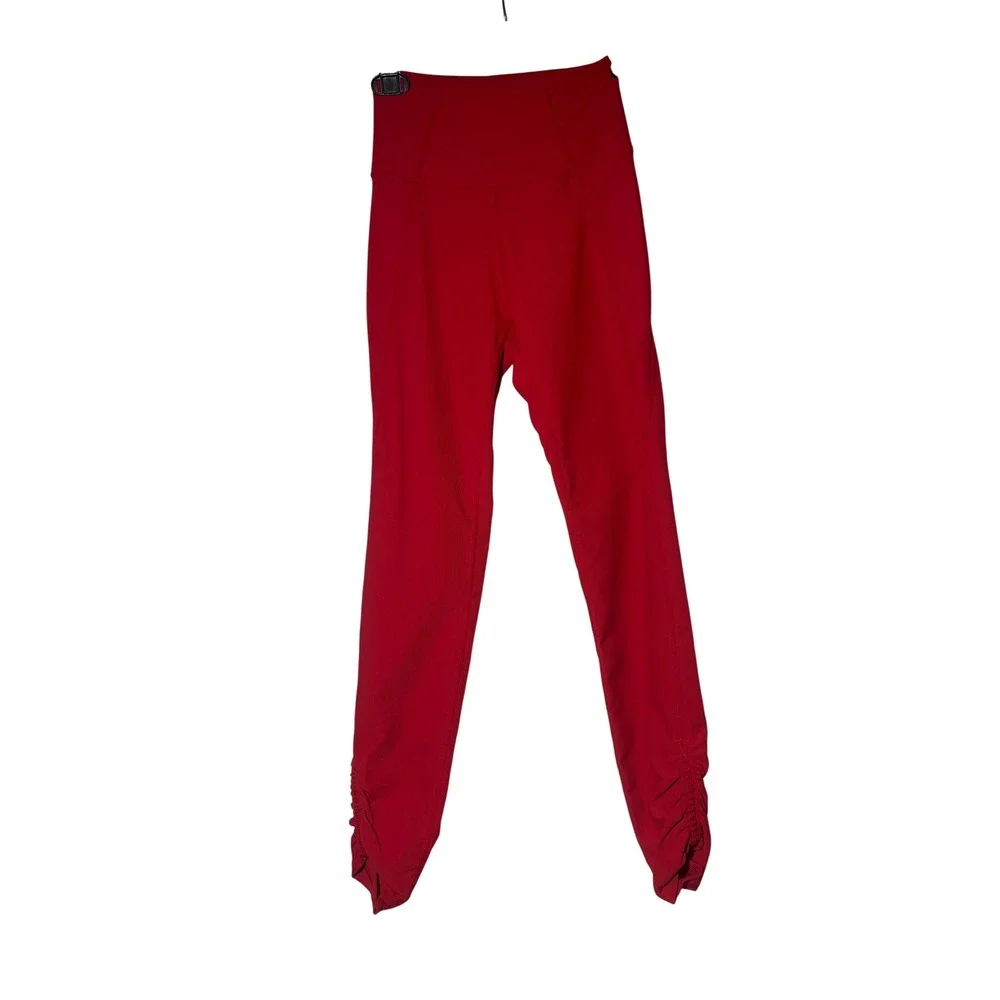 WILO Red Ribbed 2 Piece Activewear Set Strappy Crop Top Ruched Leggings -  XS